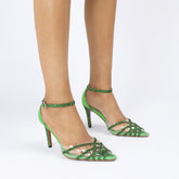 Escarpins à bout pointu et talon aiguille avec blocs de couleurs et tige transparente de 8,5 cm